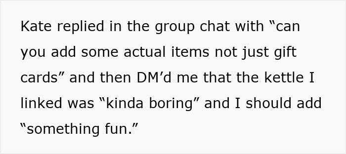 Group chat message about adding actual items to a Secret Santa list turning into a luxe shopping list dispute.
