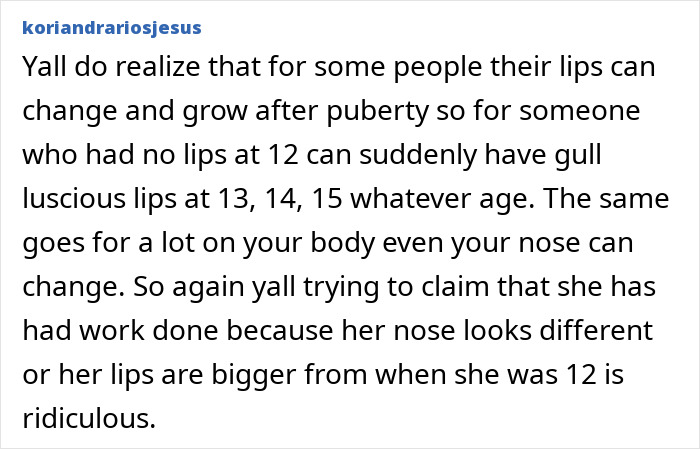 Fan comment discussing Sydney Sweeney's natural beauty claim and changes in lips and nose over time as evidence. Fan comment discussing Sydney Sweeney's natural beauty claim and changes in lips and nose over time as evidence.