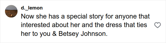 Comment on social media mentioning a special story about Drew Barrymore’s iconic 1989 Oscars dress and its connection to Betsey Johnson.