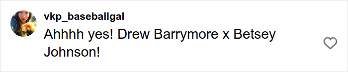 Social media post praising fan recreation of Drew Barrymore’s iconic 1989 Oscars dress with excited reaction.