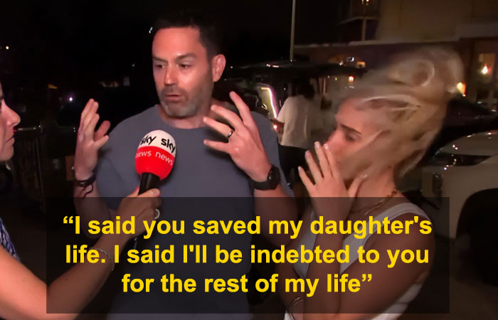 Man giving a Sky News interview recalling woman who took a bullet to save his 3-year-old daughter during Bondi Beach attack.
