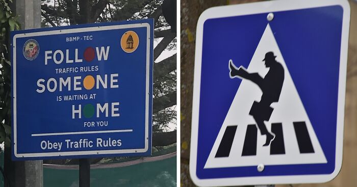 Funny and strange traffic signs, including a colorful follow traffic rules sign and a humorous pedestrian crossing sign.
