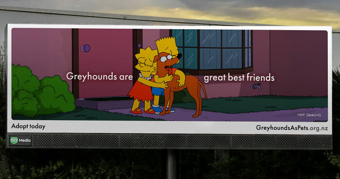 Simpsons characters hugging a greyhound on a billboard promoting New Zealand's biggest dog rehoming campaign.