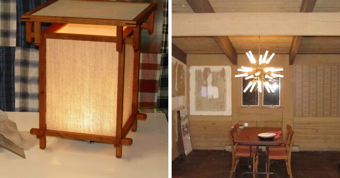 Handcrafted wooden lantern with fabric shade next to a rustic dining room with wooden furniture and a modern chandelier.