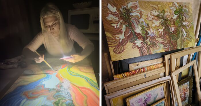 Artist working on a vibrant painting blending sky and earth elements in a creative live art project studio.