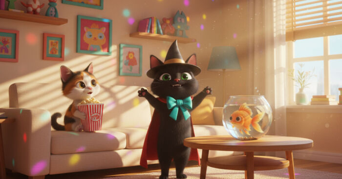Cozy animated cats enjoying a sunny living room with popcorn and a goldfish, capturing a cozy cat world vibe.
