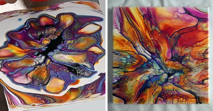 Acrylic pour painting using bloom transfer fluid art technique with vibrant sunset colours and intricate patterns on canvas.