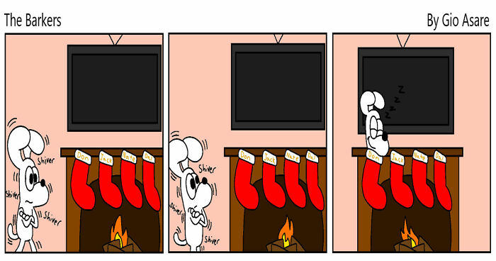 Christmas comic strip showing a dog shivering by the fireplace with stockings hanging on the mantle.