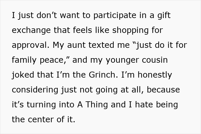 Woman refusing to join family Secret Santa after her sister turns it into a luxury shopping list dispute.