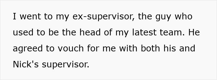 Screenshot of a text describing an employee seeking support from an ex-supervisor after threats of termination from their boss. Screenshot of a text describing an employee seeking support from an ex-supervisor after threats of termination from their boss.