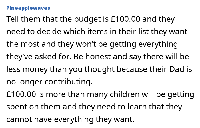 Text excerpt discussing budget adjustments after a man changes his contribution per kid for Christmas, causing panic. Text excerpt discussing budget adjustments after a man changes his contribution per kid for Christmas, causing panic.