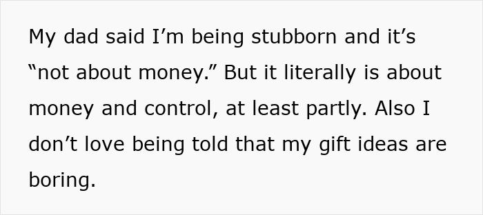 Woman expresses frustration over family Secret Santa turning into a luxe shopping list and financial control issues.