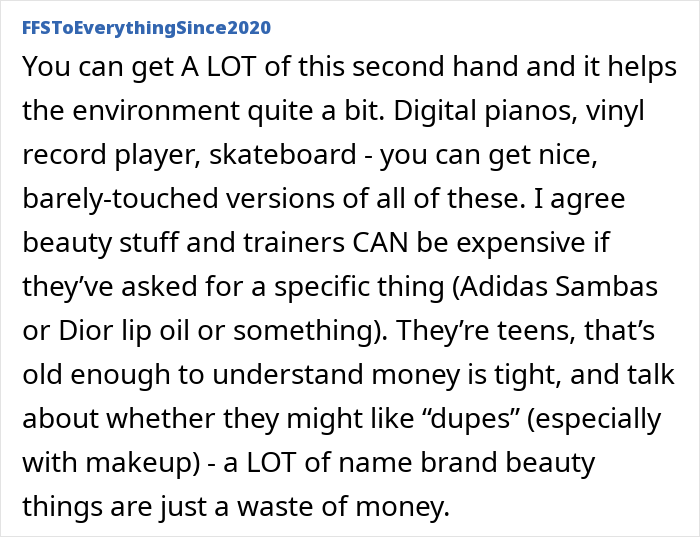 Text post from user FFSToEverythingSince2020 sharing tips on buying secondhand items and budgeting for teens. Text post from user FFSToEverythingSince2020 sharing tips on buying secondhand items and budgeting for teens.