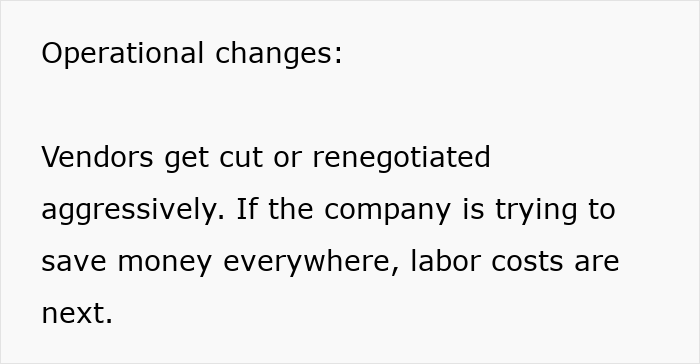 Text showing operational changes highlighting vendor cuts and aggressive renegotiations indicating job safety red flags. Text showing operational changes highlighting vendor cuts and aggressive renegotiations indicating job safety red flags.