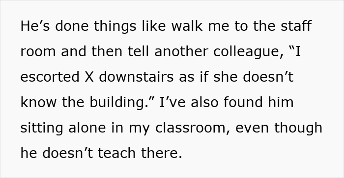 Text describing a younger colleague suspecting a guy won’t leave her alone due to inappropriate intentions at work. Text describing a younger colleague suspecting a guy won’t leave her alone due to inappropriate intentions at work.