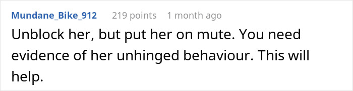 Comment about unblocking but muting a woman to gather evidence of unhinged behavior for a restraining order case.