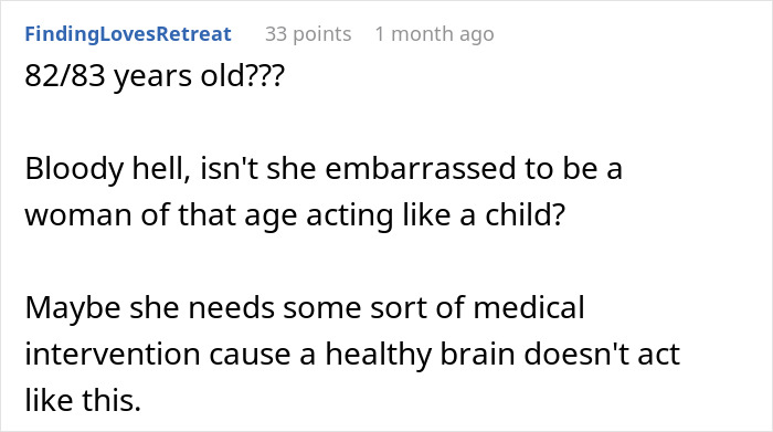 Screenshot of an online comment discussing an elderly woman and mentioning restraining order against MIL after long marriage.