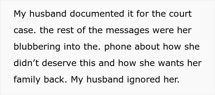 Text excerpt showing a woman's husband documenting messages for a restraining order case against her mother-in-law.