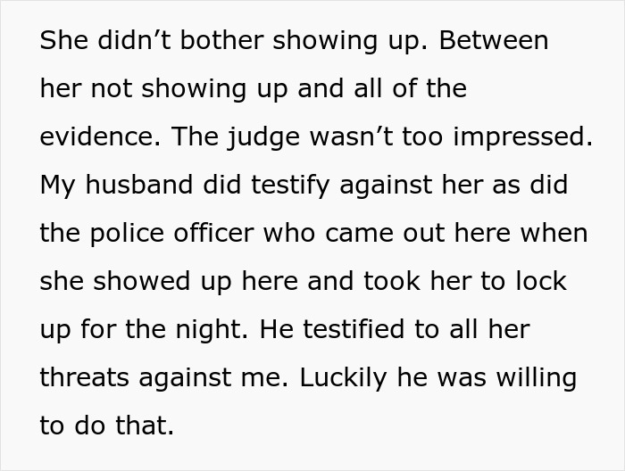 Court testimony in a restraining order case after 29 years of marriage involving woman and hostile mother-in-law.