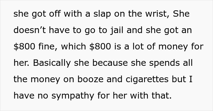 Text excerpt discussing a woman avoiding jail with a fine, mentioning money spent on booze and cigarettes, related to restraining order.