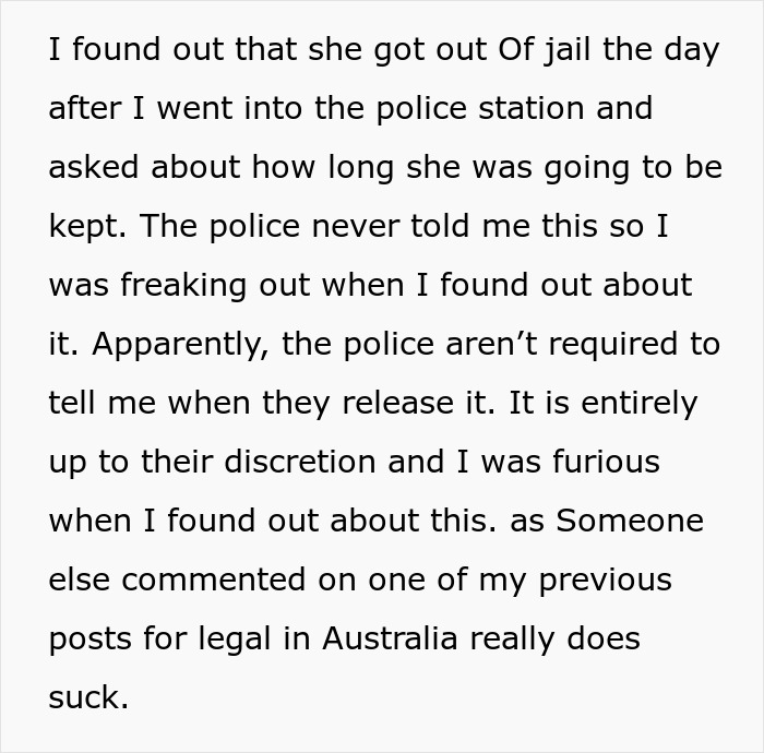 Text excerpt about frustrations with police discretion after release, related to restraining order against MIL after long marriage.