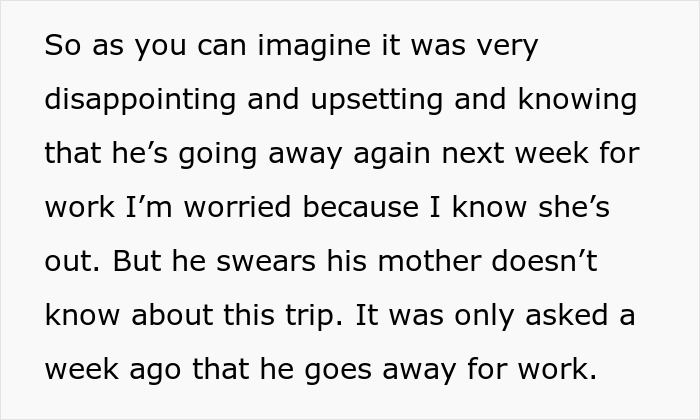 Text excerpt showing a worried woman discussing work trips and concerns related to her mother-in-law after many years of marriage.