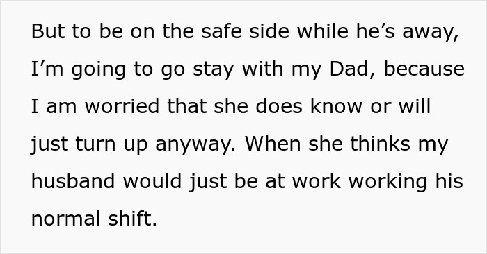 Text excerpt about a woman deciding to stay with her father for safety due to concerns involving her mother-in-law after 29 years of marriage.