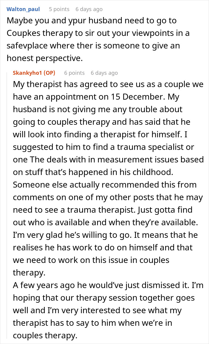 Text conversation discussing a woman and her husband preparing for couples therapy amid family struggles and trauma healing.