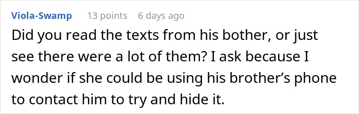 Image showing a detailed comment discussing potential use of a brother&rsquo;s phone in a family restraining order situation.