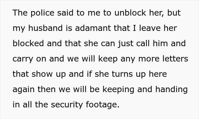 Text excerpt about handling letters and security footage related to restraining order against MIL after 29 years of marriage.