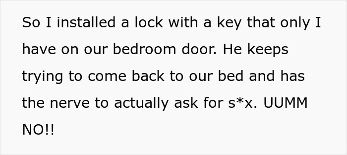 Text message showing a woman describing installing a bedroom door lock due to husband&rsquo;s unwelcome advances.