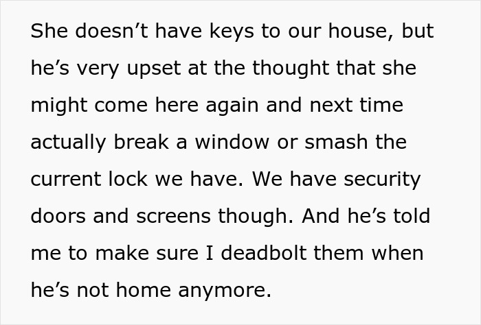 Text about a woman taking out a restraining order against her mother-in-law to protect her home security and prevent break-ins.