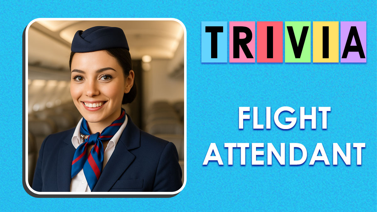 Smiling flight attendant in uniform inside an airplane cabin with colorful trivia text on a blue background.