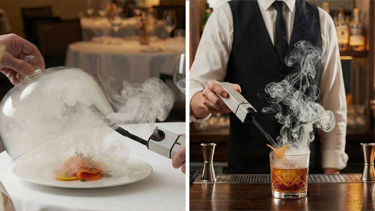 Smoking kitchen gifts in use, enhancing food and drinks with a smoke infuser for the foodie friend.