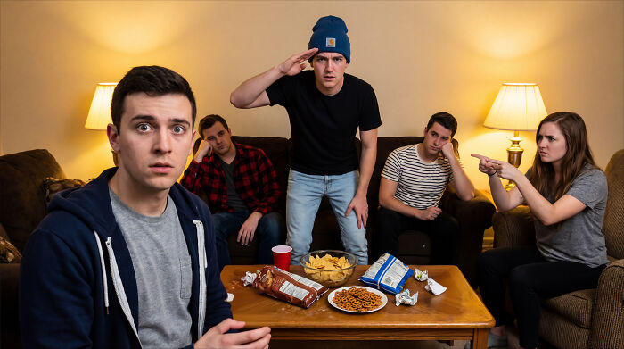 A group of young adults playing the best party game of all time with snacks on a wooden table in a living room.