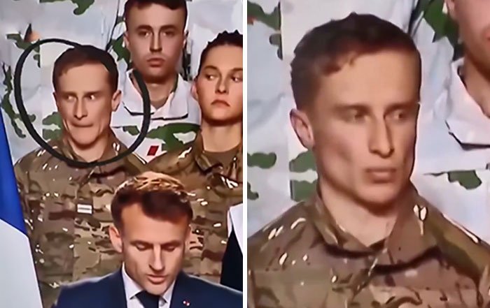 French soldier displaying odd behavior behind Macron during a public event, sparking conspiracy theories about France boiling tensions.