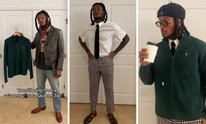 Young Black man showcases a new fashion trend transforming looks with stylish casual and formal outfits.