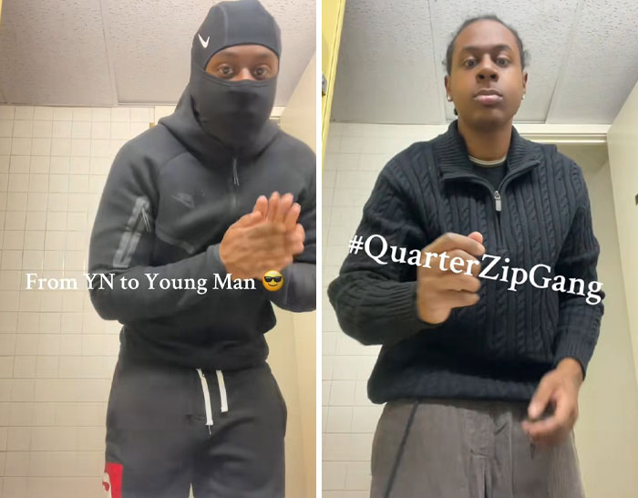 Young Black men embracing a new trend, showcasing fresh looks and unique style transformations indoors.