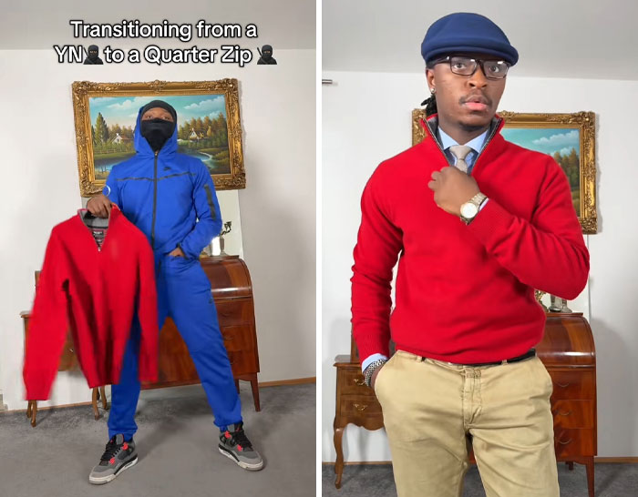 Young Black man transforming his look from casual athleticwear to a stylish quarter zip sweater with khaki pants and a cap.