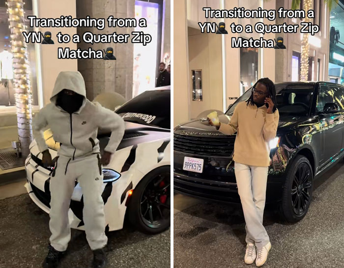 Young Black men participating in a new trend, transitioning hairstyles and transforming their looks on the street.