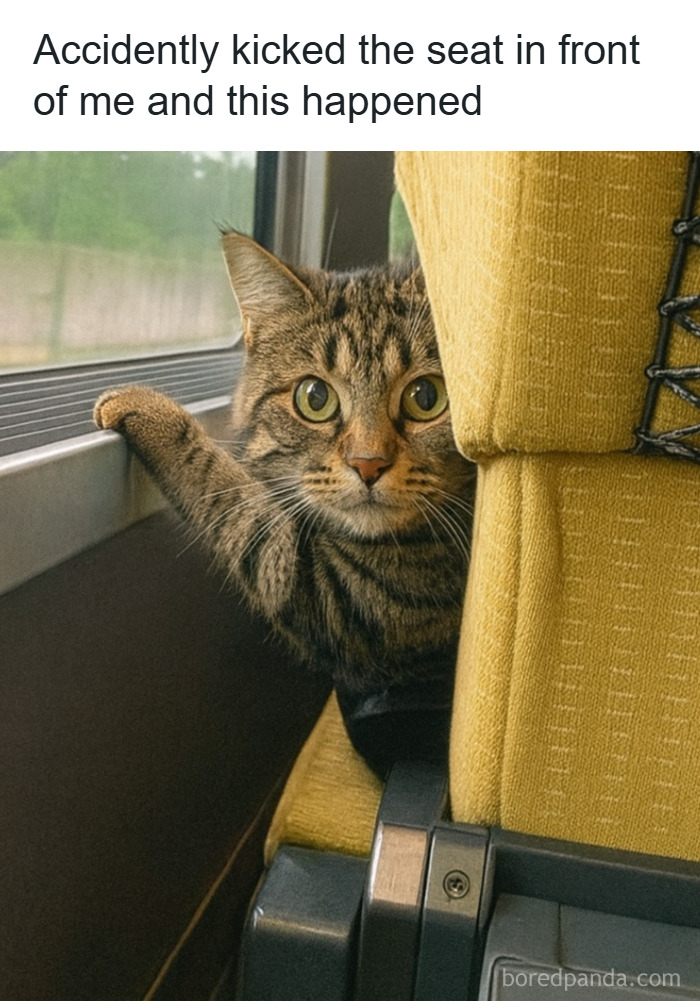 Tabby cat peeking from behind a yellow seat on a bus, captured in a funny animal meme perfect for scrolling while your pet is sleeping.