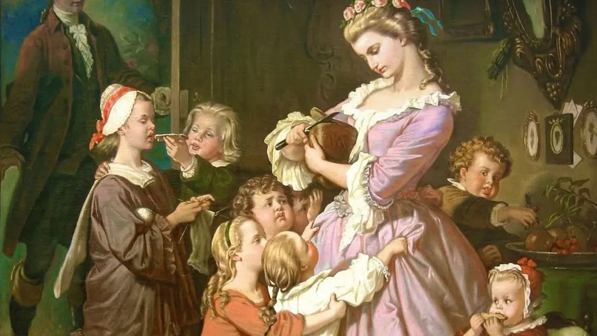 Classical painting featuring a woman in a pink dress surrounded by children in detailed 18th-century attire.