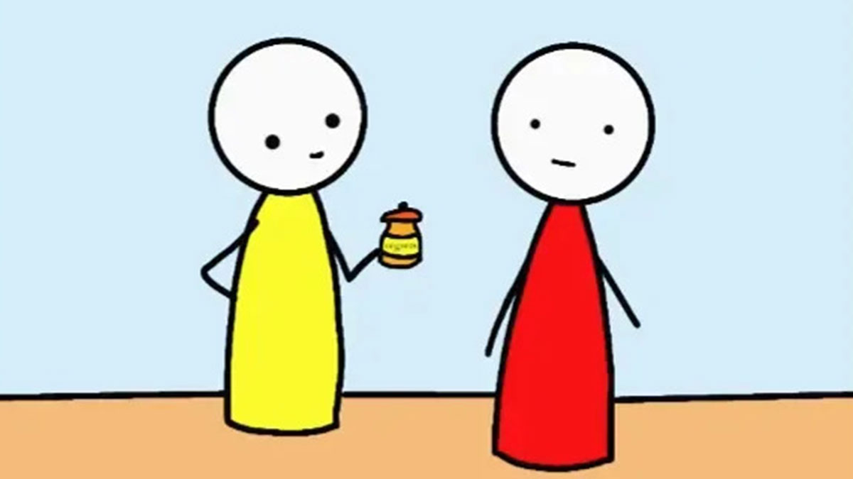 Two stick figures in a humorous comic style, one holding a small jar, showcasing clever hilarious comics perspective.