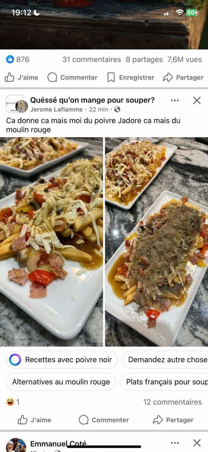 Plate of fries topped with cheese, diced meat, peppers, sauce, and heavily sprinkled black pepper in food pics to be shamed online