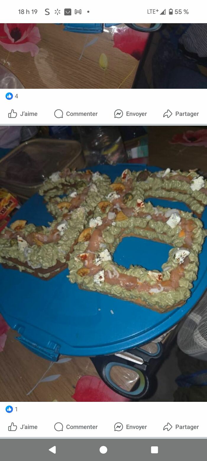 Unappetizing food presentation on a blue plate, featuring greenish frosting and scattered toppings among food pics to be shamed online.