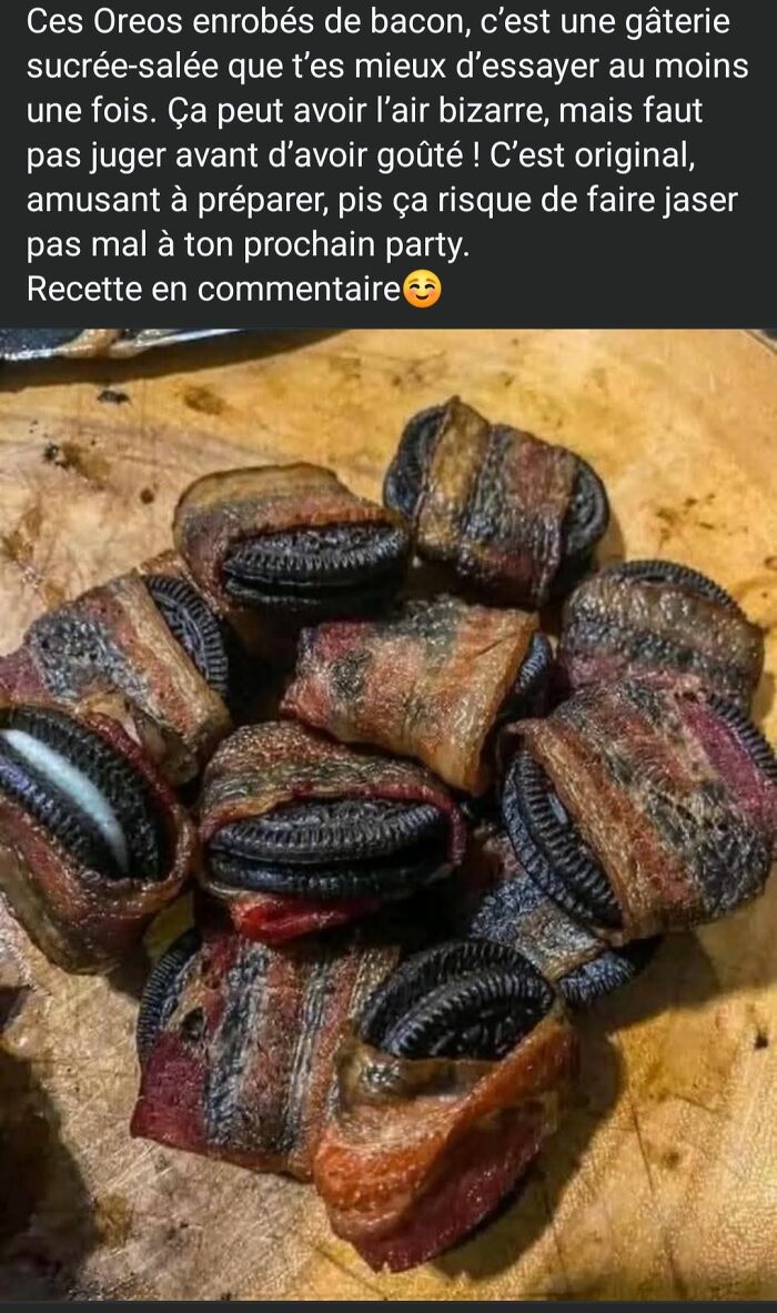Bacon-wrapped Oreos on a wooden board, an unusual food combo featured in food pics that deserve to be shamed online.