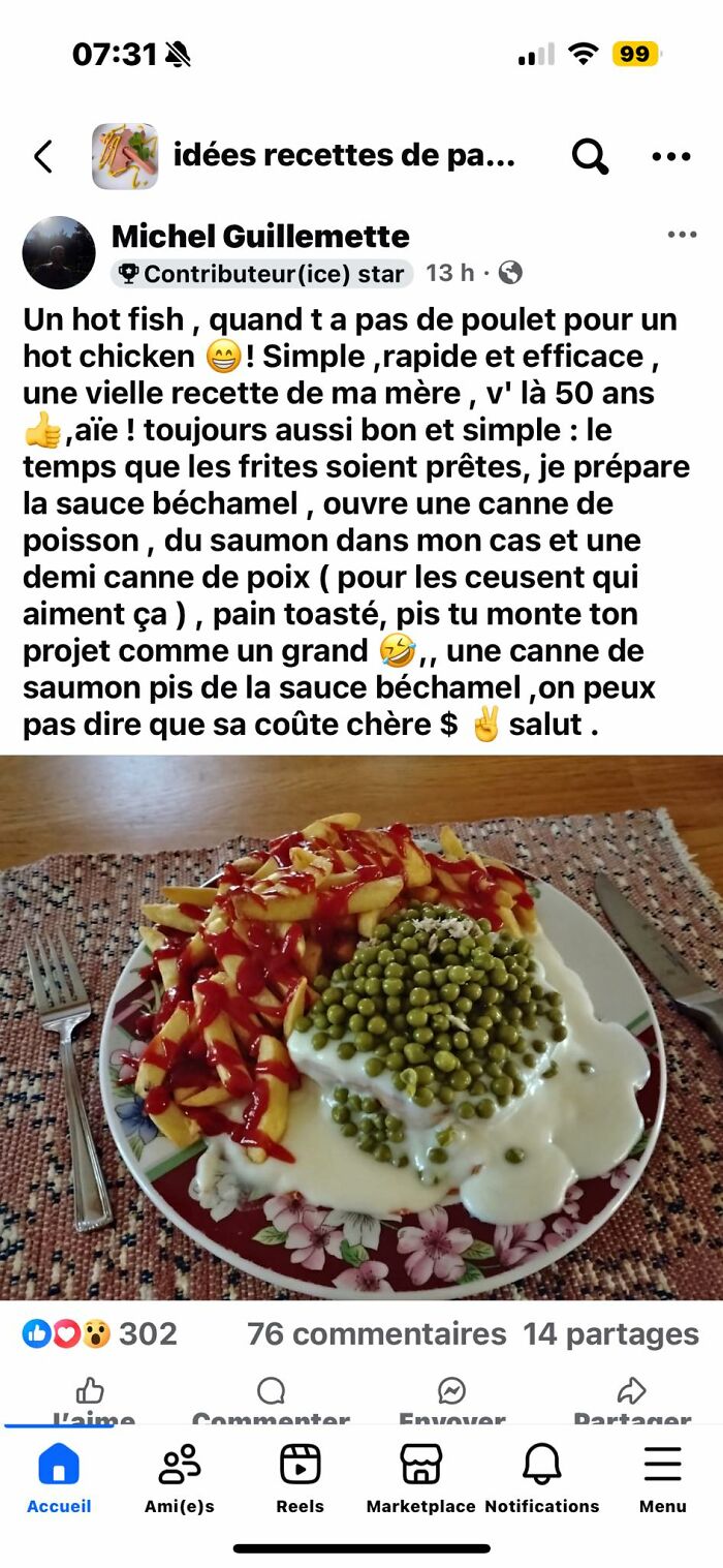Plate of fries topped with ketchup and peas covered in white sauce, an unusual food pic deserving to be shamed online.