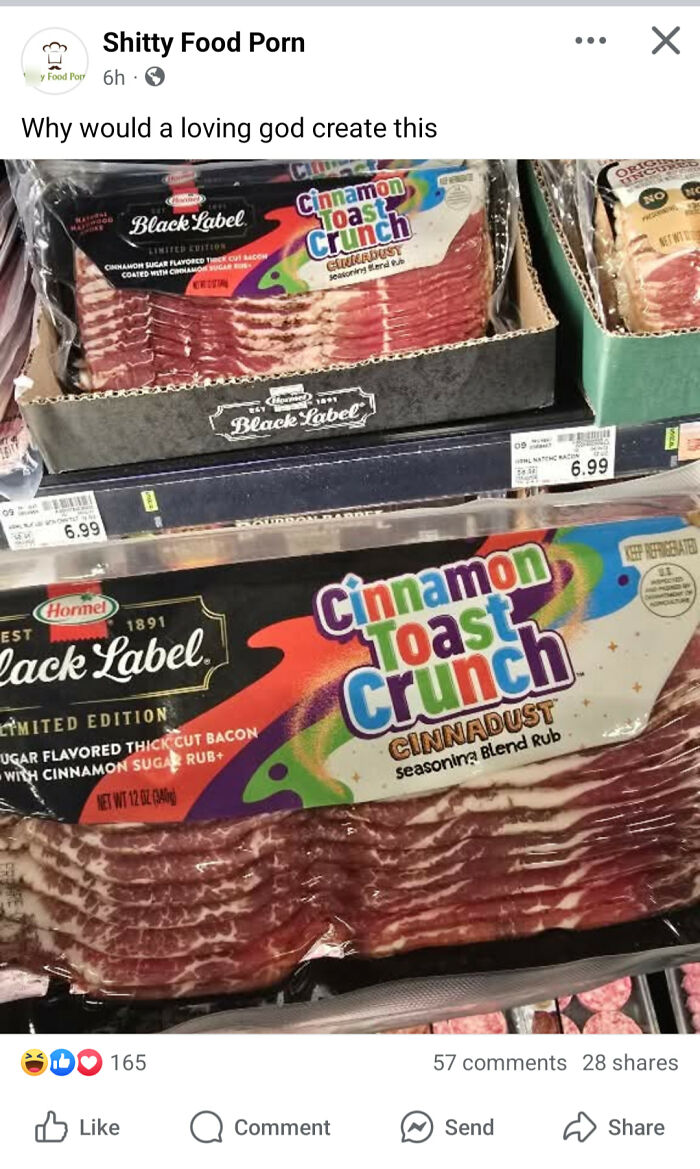Package of limited edition Cinnamon Toast Crunch flavored bacon displayed on a grocery store shelf in a food pics that deserve to be shamed online collection.
