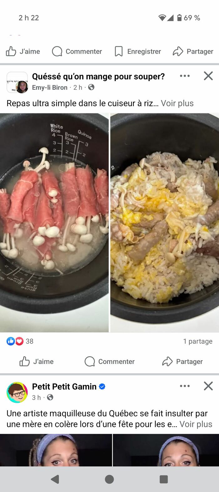 Rice cooker meal before and after cooking with wrapped meat and mushrooms, an example of food pics that deserve shaming online.