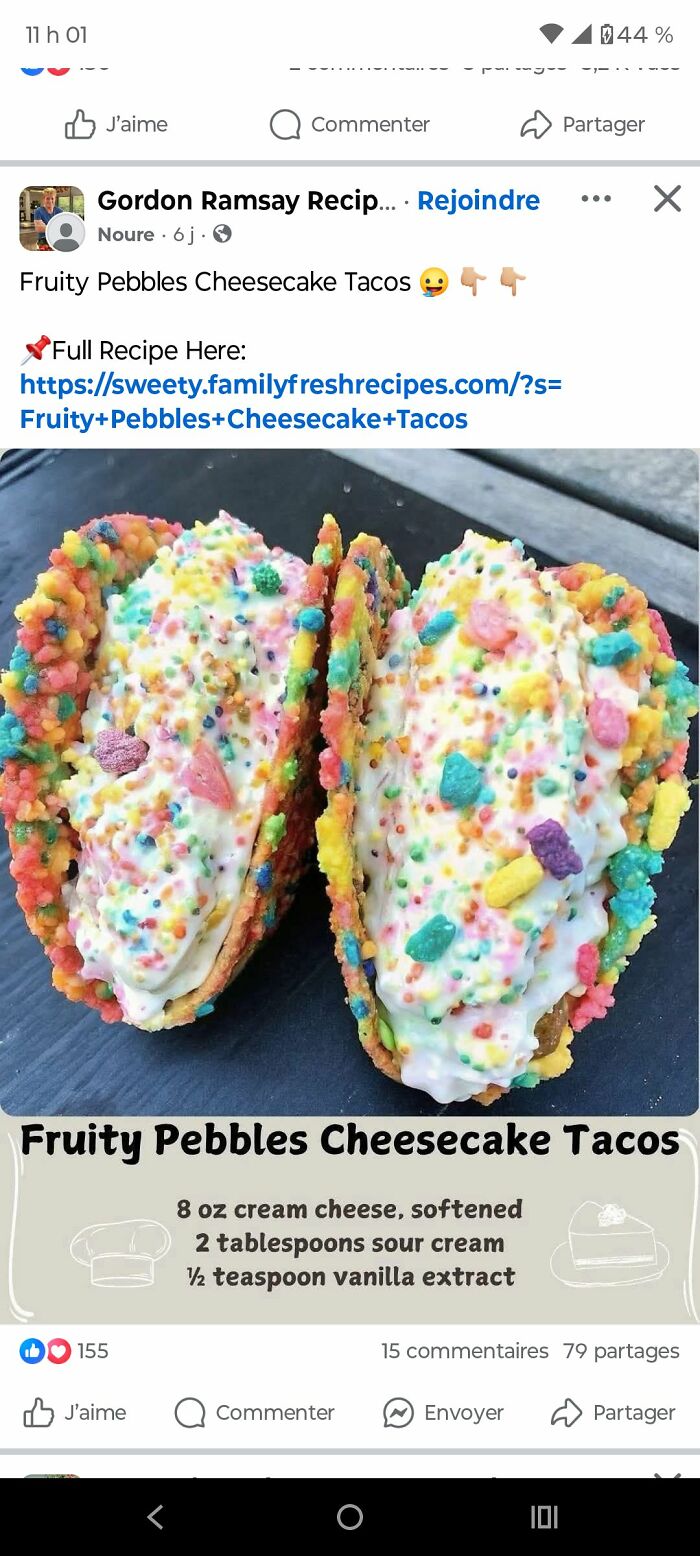 Fruity Pebbles cheesecake tacos with colorful cereal shells and creamy filling, a unique food pic that deserves to be shamed online